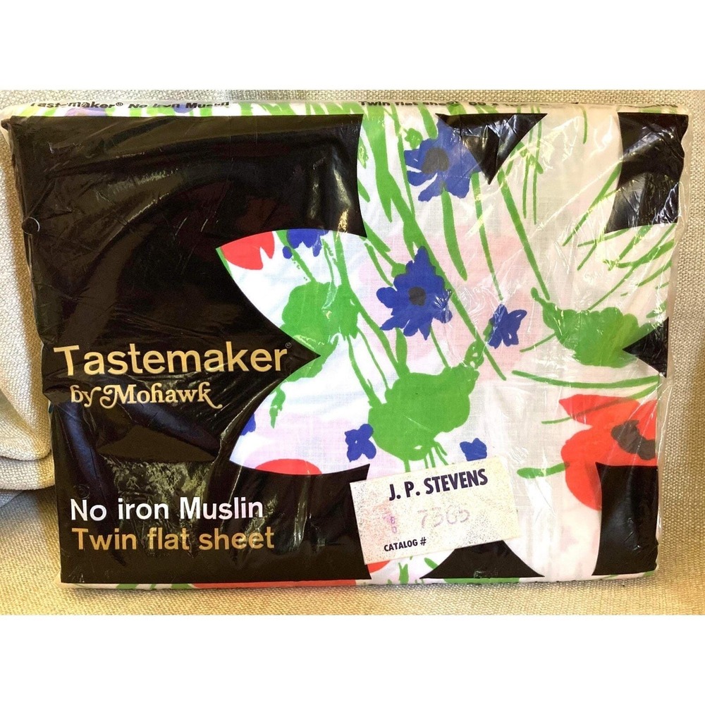 Vtg NOS Tastemaker by Mohawk NO Iron Muslin Twin FLAT Sheet Field Trip Print USA